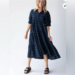 NATURAL LIFE Navy Plaid Long Sleeve Dress